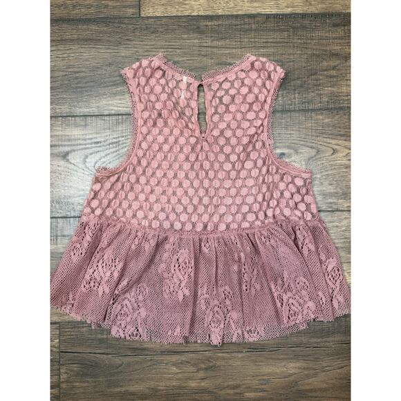 Free People Rustic Pink Lace Ruffle Sleeveless Crop Tank Top Sz S Sheer - Picture 6 of 8